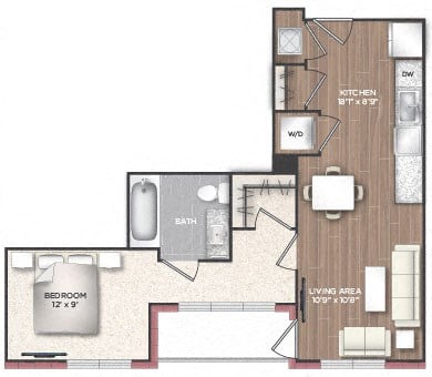 Floor plan for 1 bed, 1 bath, 668 sqft